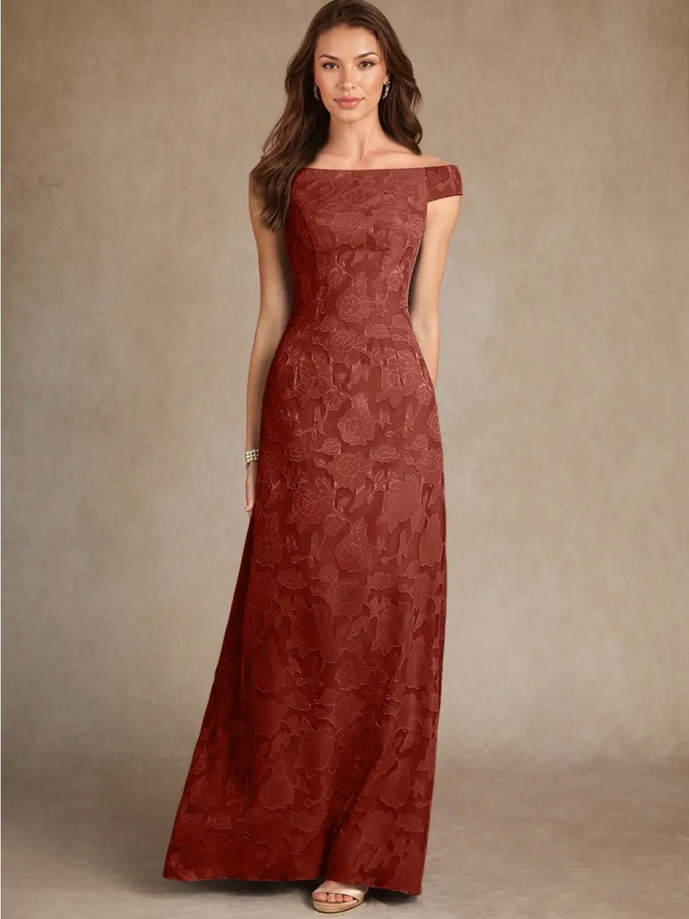 Off-Shoulder Floral Burnout bridesmaids Dress in Terracotta